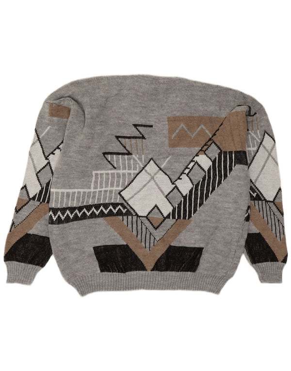 Vintage Mens V-Neck Jumper Sweater Large Grey Geometric Acrylic