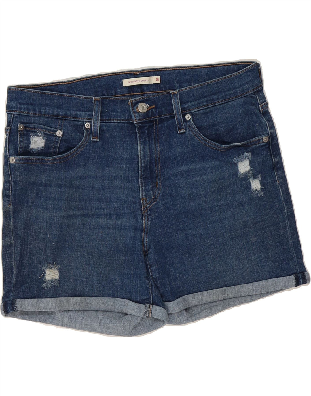 LEVI'S Womens Mid Rise Distressed Denim Shorts W31 Medium Blue Cotton Vintage Levi's and Second-Hand Levi's from Messina Hembry 