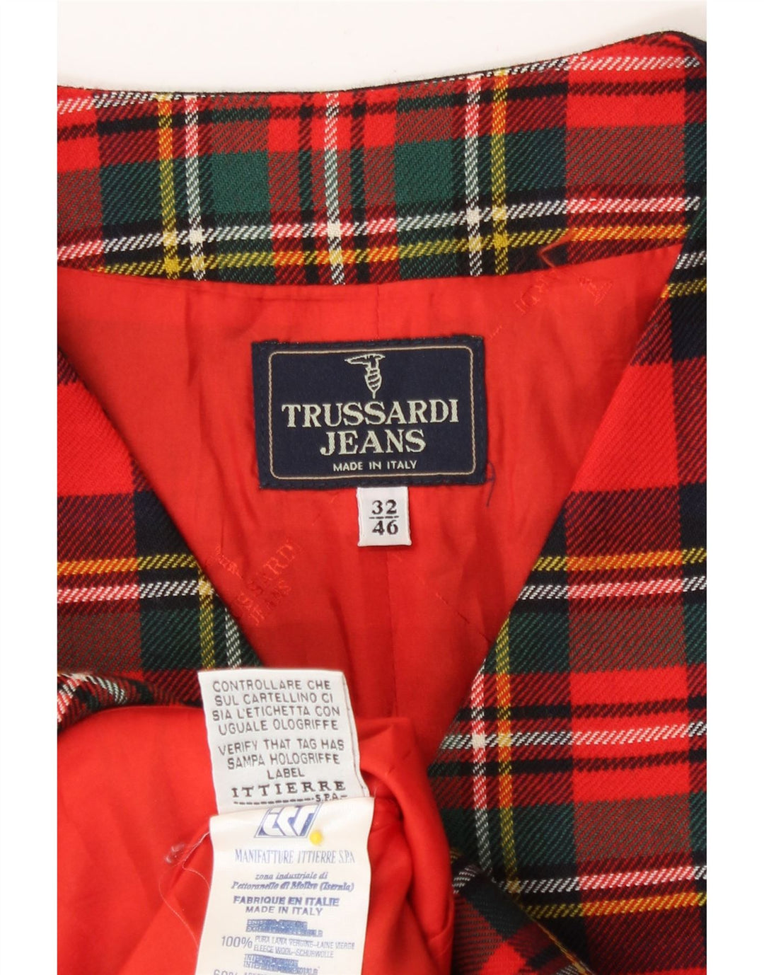 Trussardi Womens Longline Waistcoat IT 46 Large Red Plaid Virgin Wool