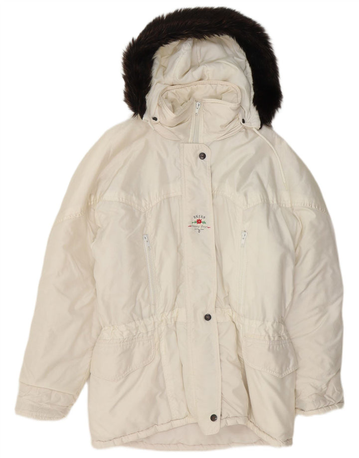 Giacca imbottita con cappuccio da donna vintage UK 14 grande bianca