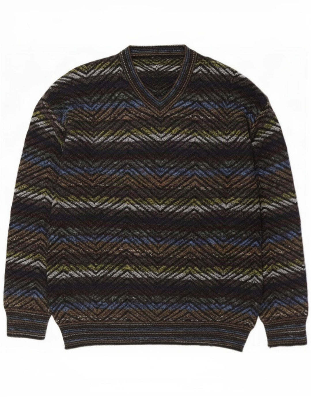 Vintage Mens V-Neck Jumper Sweater Large Multicoloured Geometric