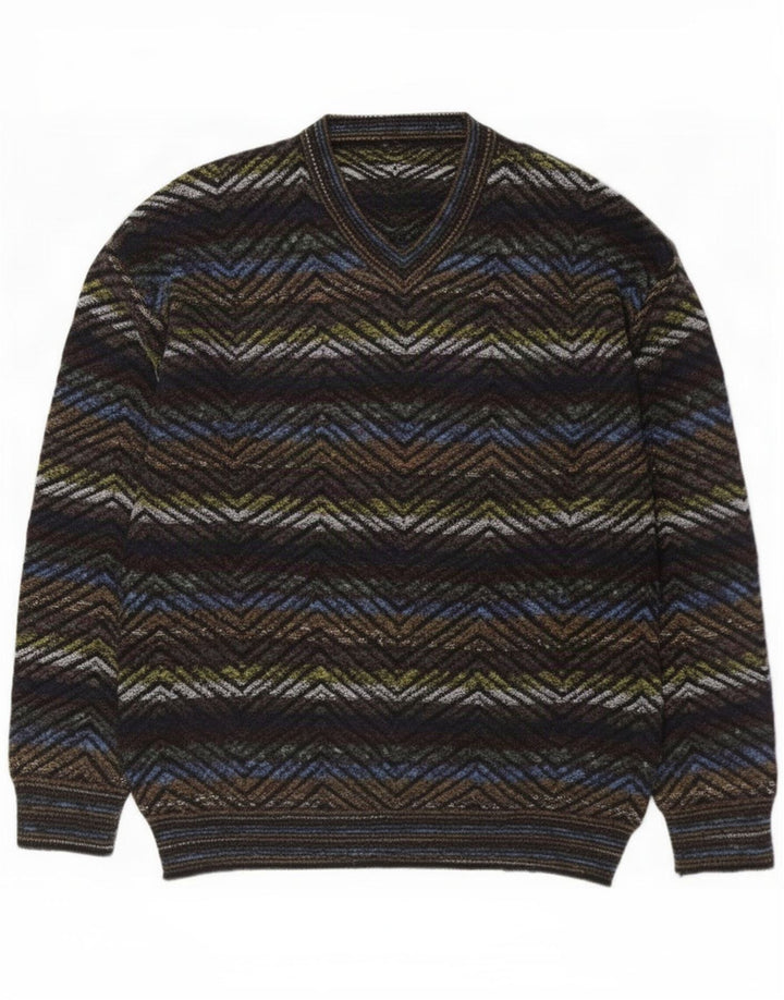 Vintage Mens V-Neck Jumper Sweater Large Multicoloured Geometric