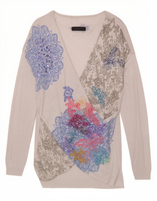 Desigual Donna Maglione con scollo a V grafico UK 18 XL Viscosa floreale bianca