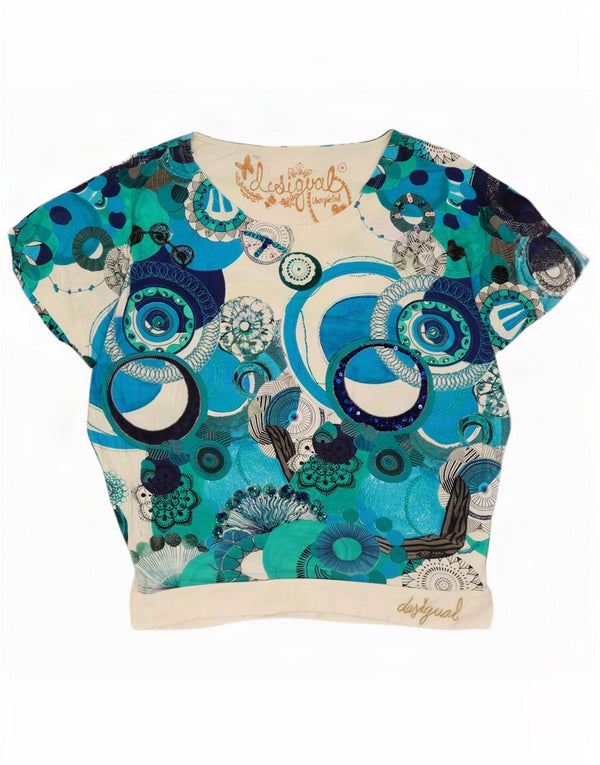 Desigual Womens Graphic T-Shirt Top UK 14 Mittelweiße geometrische Viskose