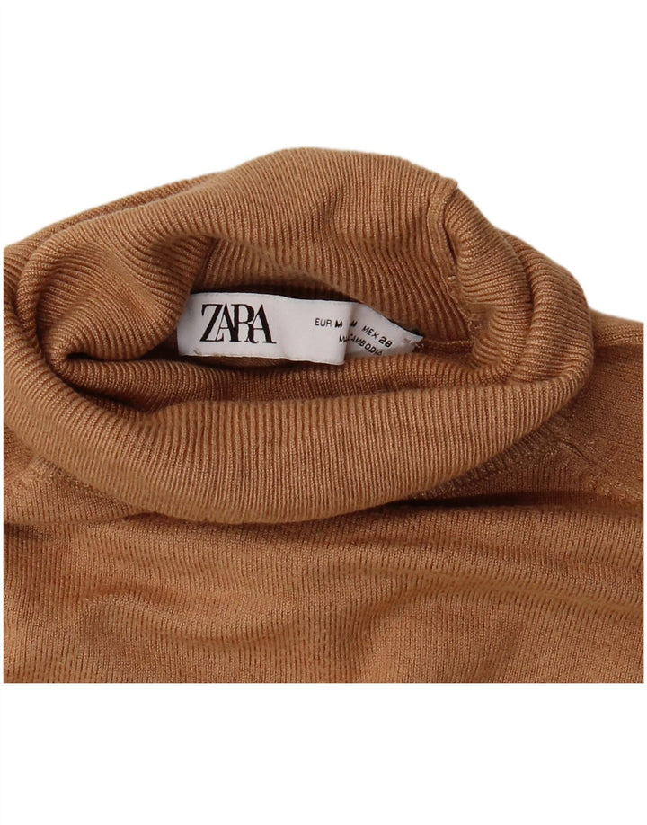 Zara Womens 3/4 Sleeve Roll Neck Jumper Sweater UK 12 Medium Brown