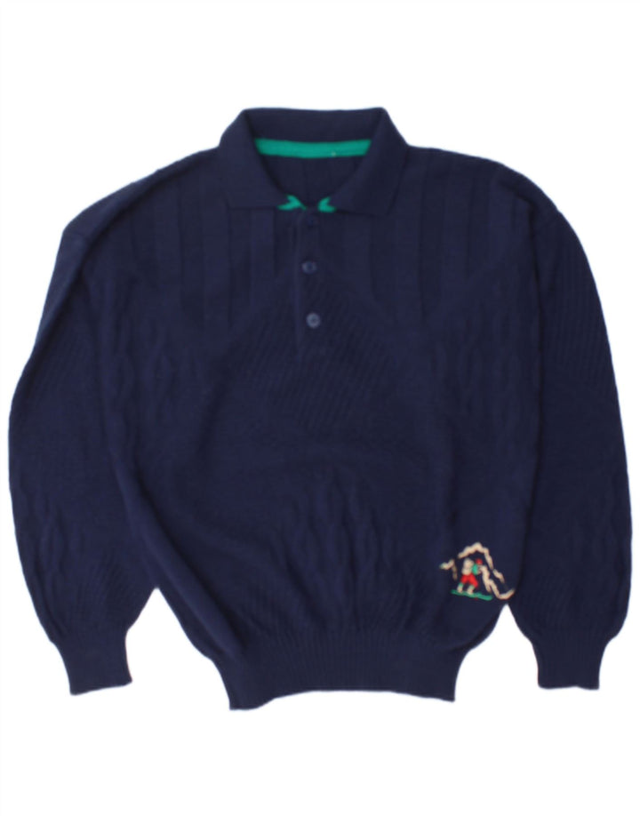 Vintage Mens Polo Neck Jumper Sweater Large Navy Blue Wool
