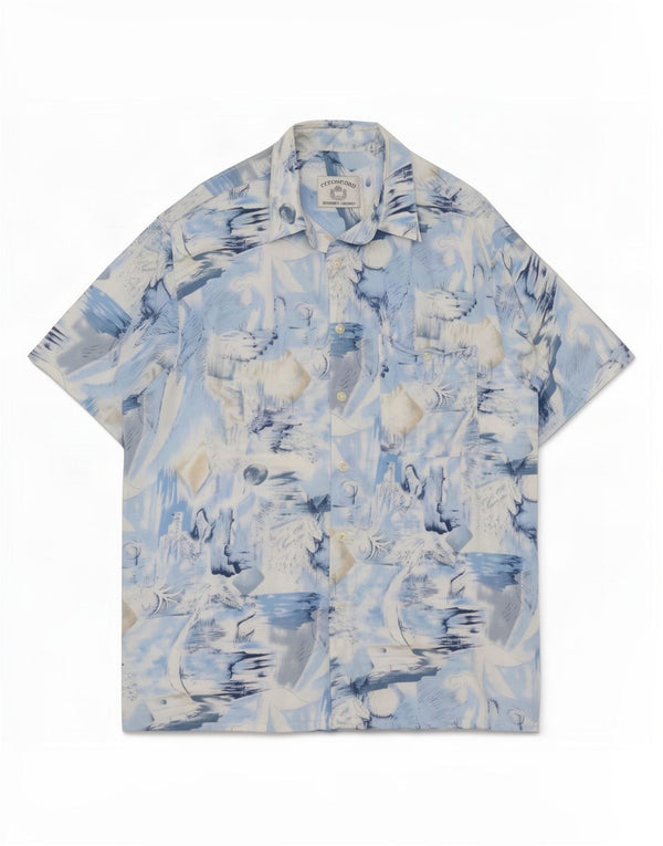 Vintage Mens Abstract Pattern Short Sleeve Shirt Medium Blue Viscose