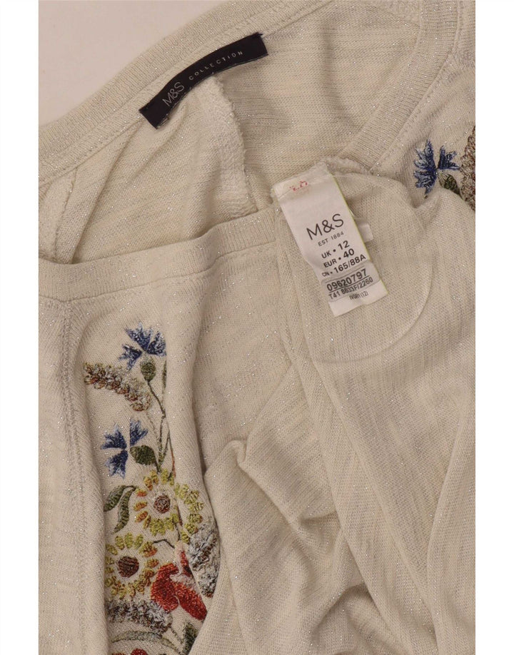 Marks & Spencer Womens Graphic Top 3/4 Sleeve UK 12 Medium Off White Floral