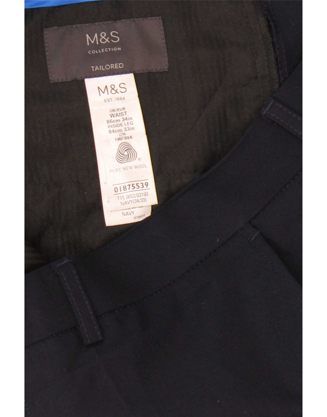 Marks & Spencer Mens Tailored Straight Suit Trousers W34 L33 Navy Blue Wool