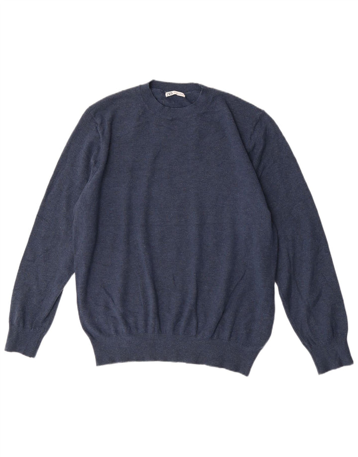 Zara Mens Crew Neck Jumper Sweater Large Navy Blue Acrylic