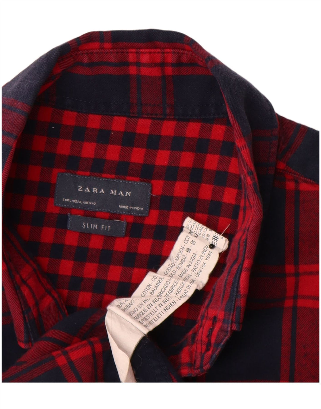 Zara Mens Slim Fit Flannel Shirt Large Red Check Cotton