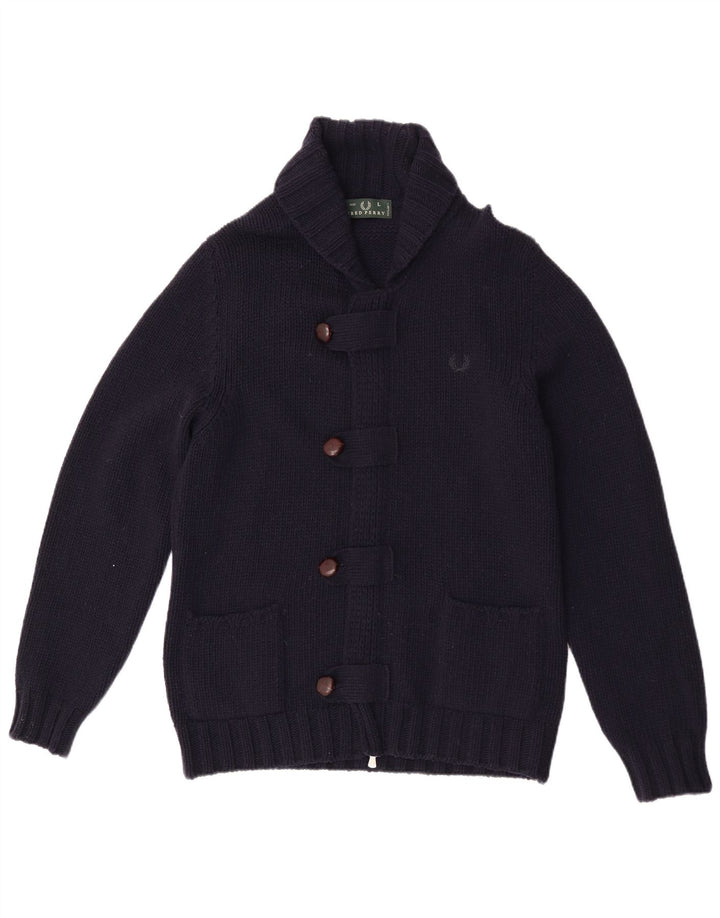 Fred Perry Mens Cardigan Sweater Large Navy Blue Wool