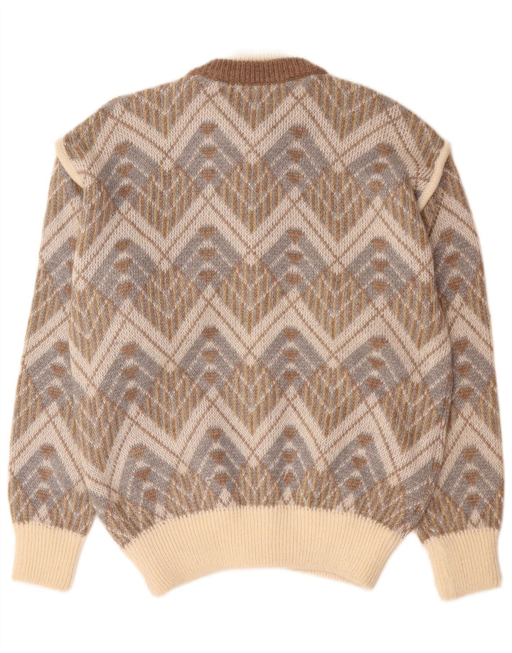 Vintage Mens Cardigan Sweater Large Beige Geometric