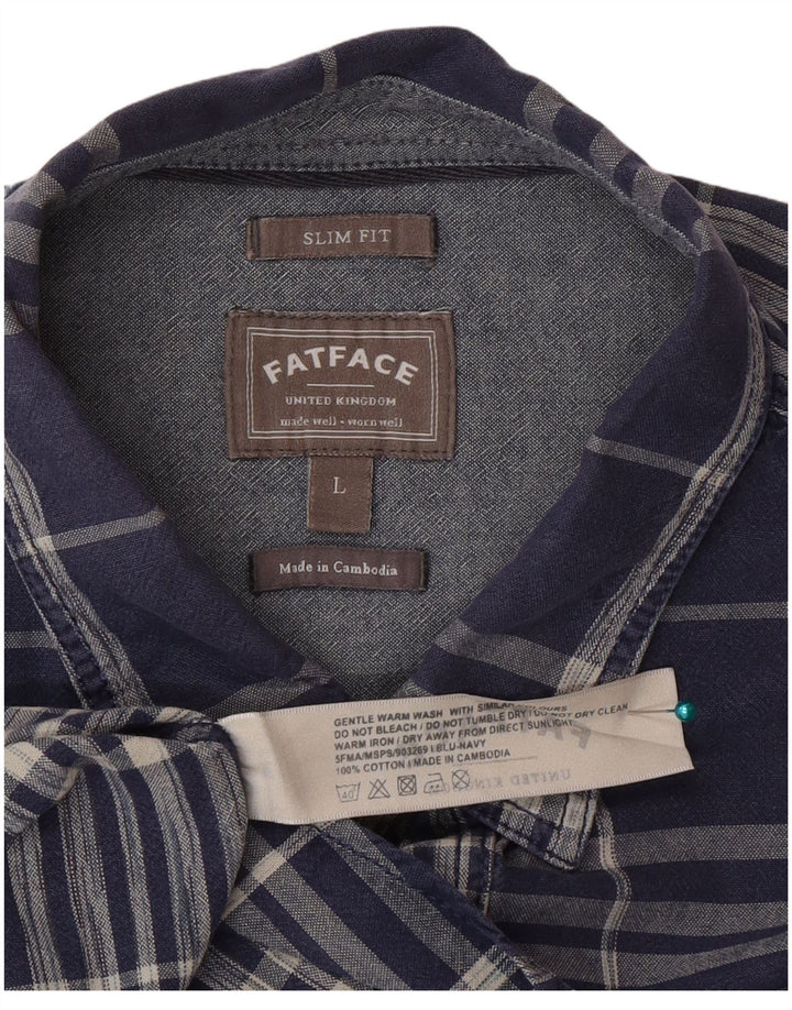 Fat Face Mens Slim Fit Shirt Large Navy Blue Check Cotton