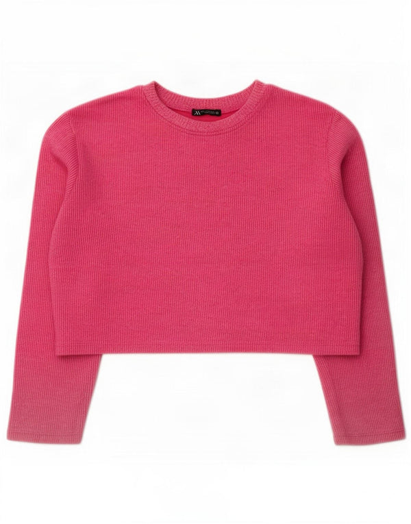 Zara Womens Crop Oversized Top Langærmet UK 10 Small Pink Bomuld