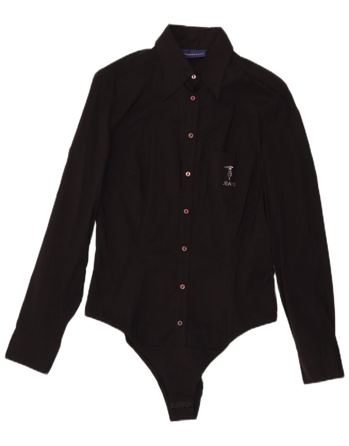 Trussardi Womens Long Sleeve Bodysuit UK 12 Medium Black Cotton