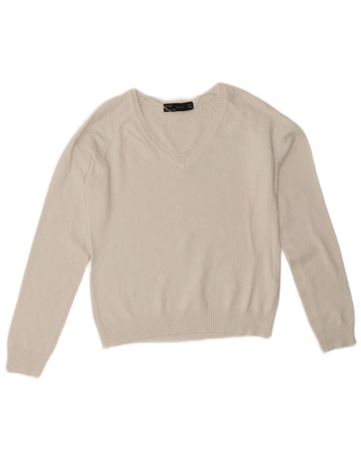 Zara Womens V-Neck Jumper Sweater UK 12 Medium White Cotton