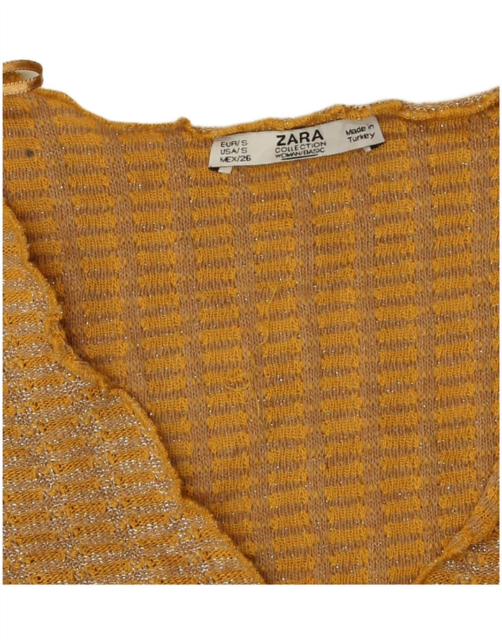 Zara Womens Crop Blouse Top UK 10 Petit Jaune Moucheté Polyester