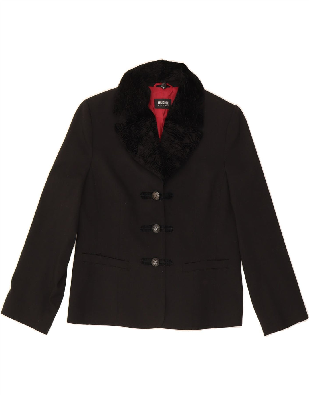 HUCKE Womens 3 Button Blazer Jacket UK 14 Large Black Polyester Vintage Hucke and Second-Hand Hucke from Messina Hembry 