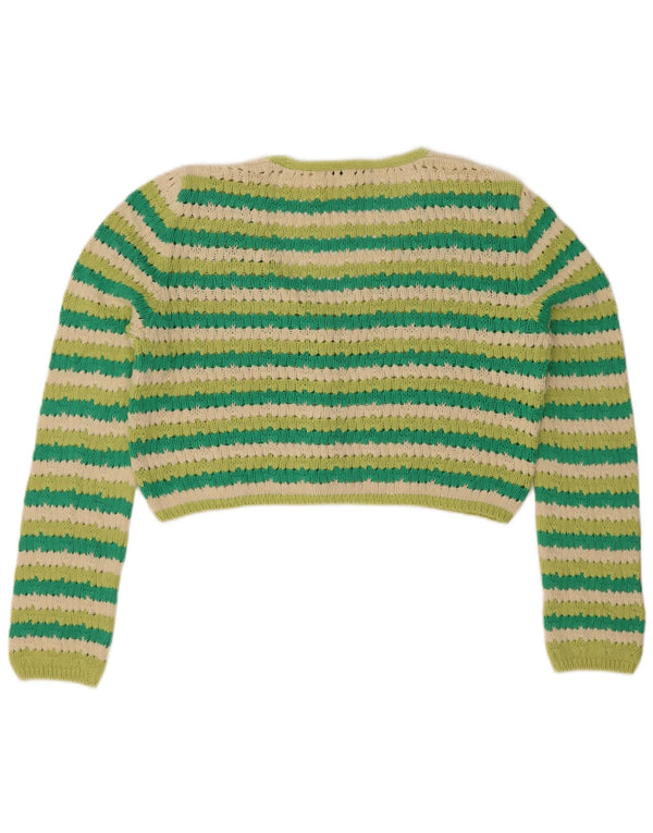 Zara Womens Crop Cardigan Sweater UK 16 Large Green Striped Cotton