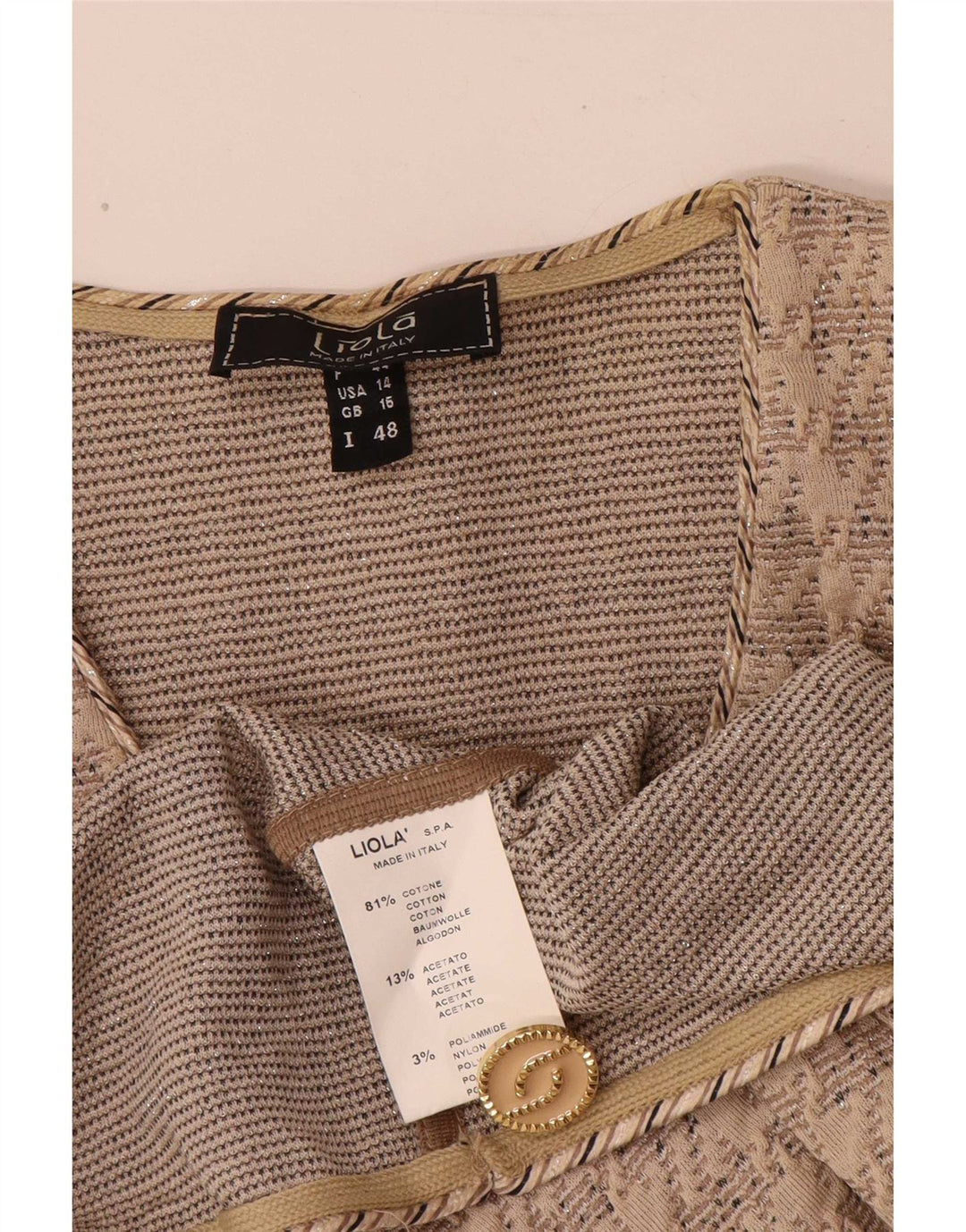Liola Womens 3 Button 3/4 Sleeve Blazer Jacket UK 16 Large Beige Cotton