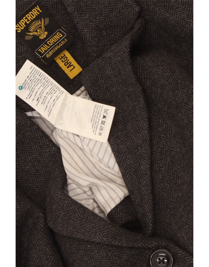 Superdry Womens 2 Button Blazer Jacket UK 14 Large Grey Herringbone Wool