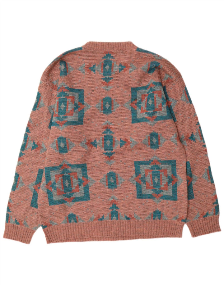 Vintage Mens Crew Neck Jumper Sweater Large Pink Geometric