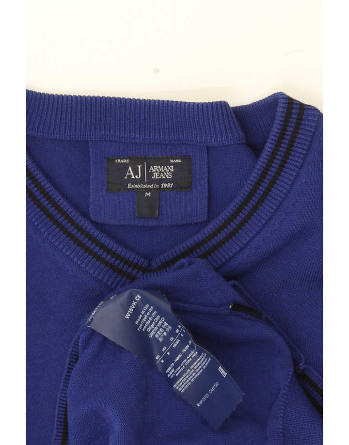 Armani Jeans Mens V-Neck Jumper Sweater Medium Blue Striped Cotton
