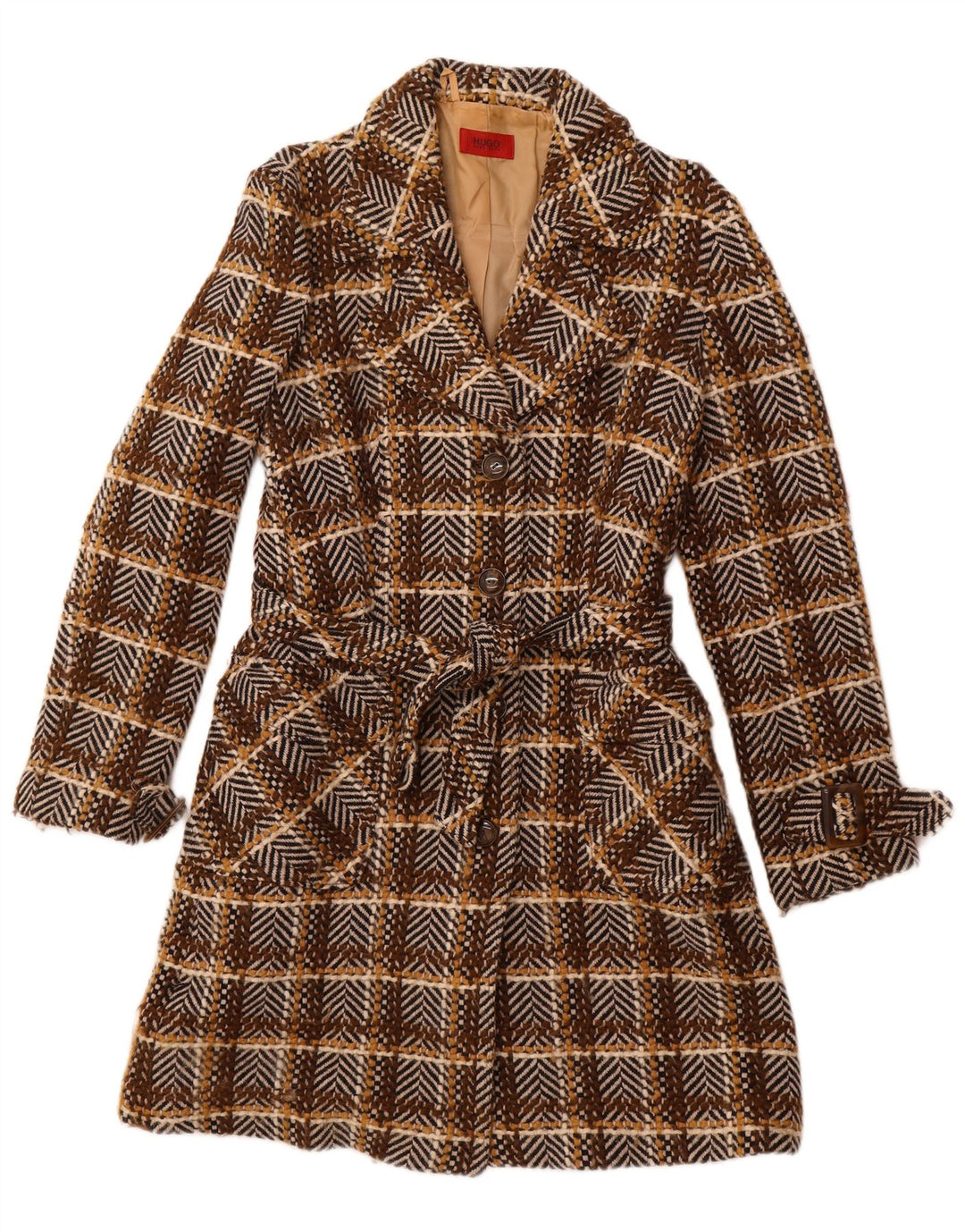 HUGO BOSS Womens Overcoat UK 10 Small  Brown Check Wool