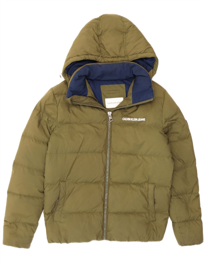 Calvin Klein Jeans Mens Hooded Padded Jacket UK 36 Small Khaki Polyester