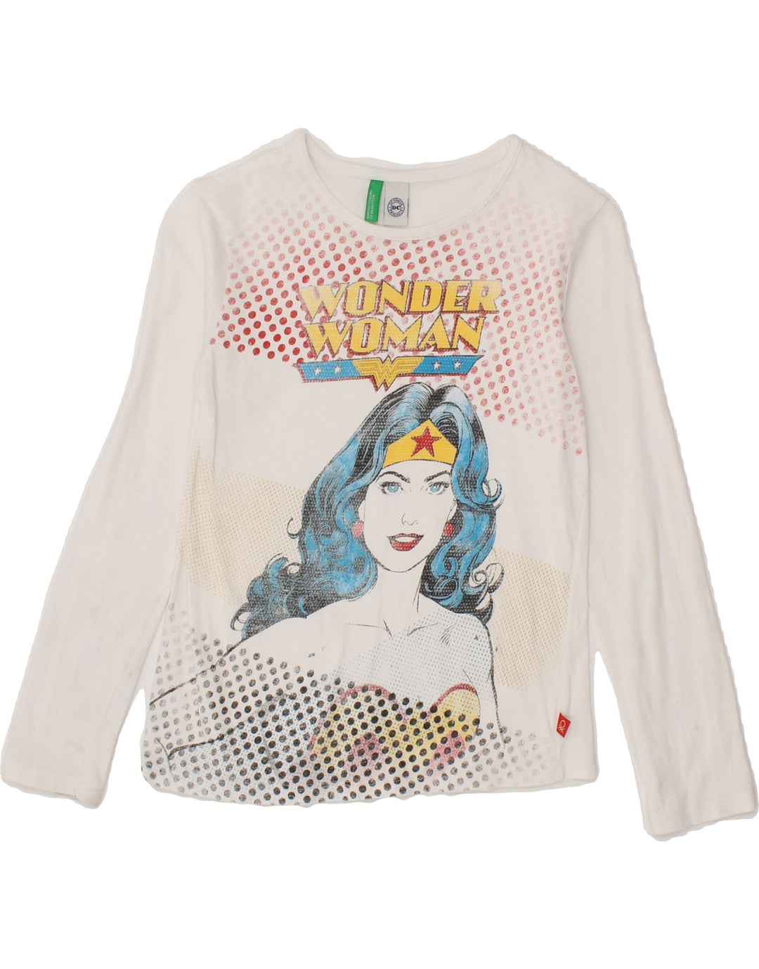 BENETTON Girls Graphic Top Long Sleeve 7-8 Years White Vintage Benetton and Second-Hand Benetton from Messina Hembry 