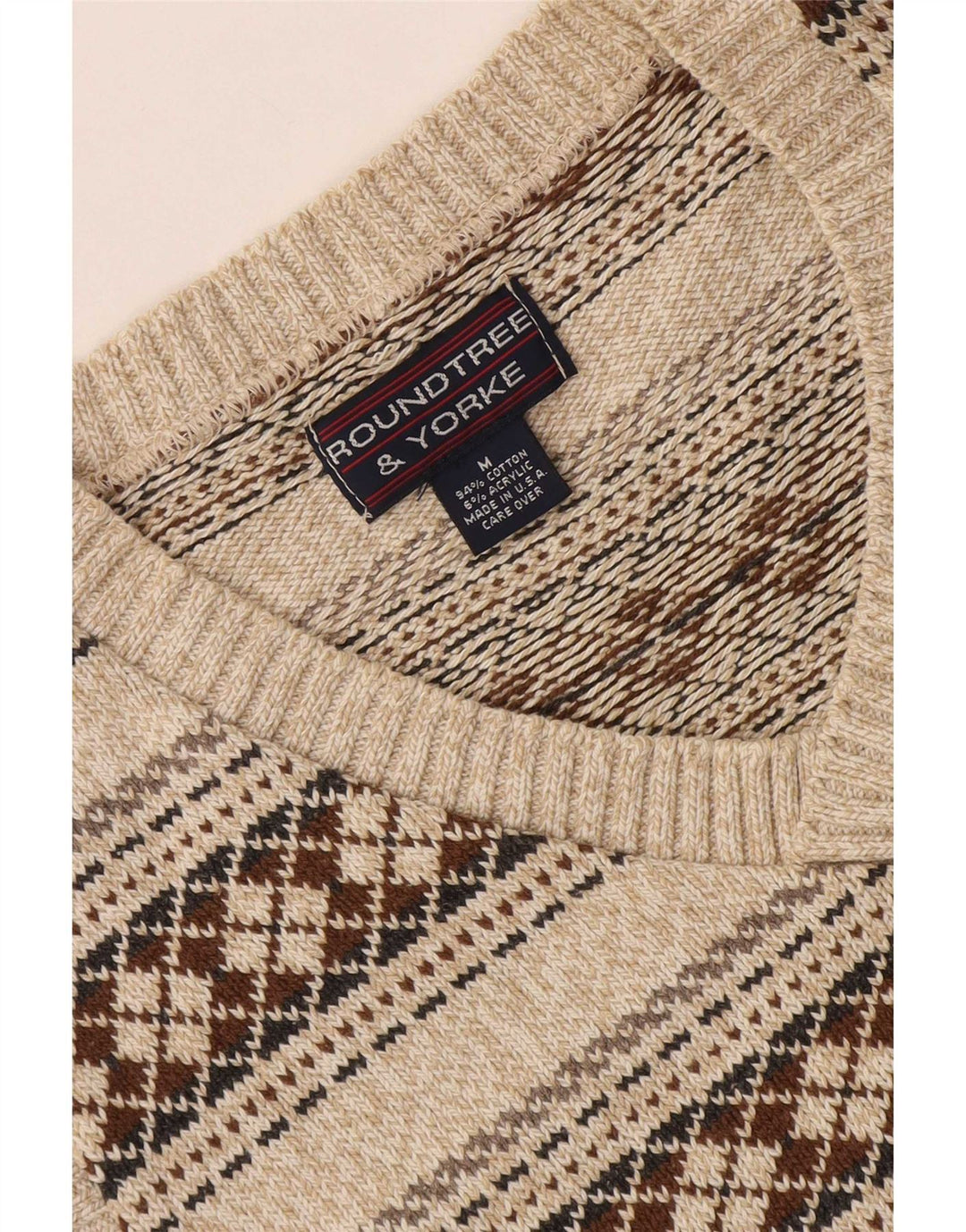 Roundtree & Yorke Mens V-Neck Jumper Sweater Medium Beige Geometric Cotton
