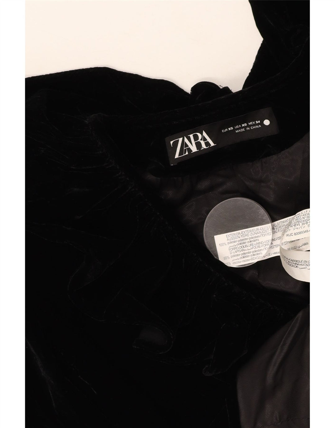 ZARA Womens Velvet Blazer Jacket UK 6 XS Black Polyester