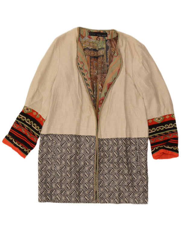 Zara Womens Open Overcoat UK 14 Large Beige Geometric Linen