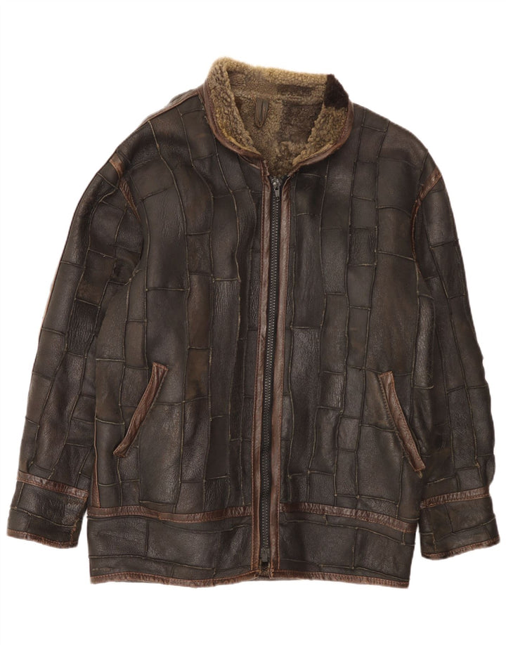 Giacca vintage in shearling da uomo UK 42 XL Patchwork marrone