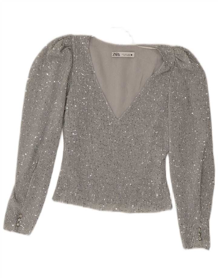 Top corto da donna Zara manica lunga UK 10 piccolo argento