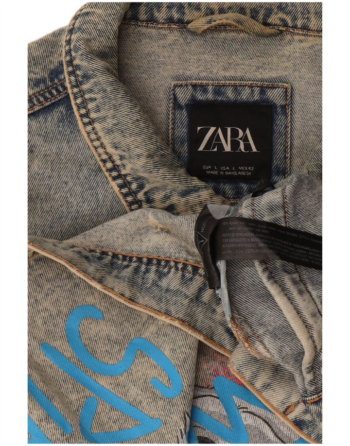 Zara Mens Graphic Denim Jacket UK 40 Large Blue Cotton