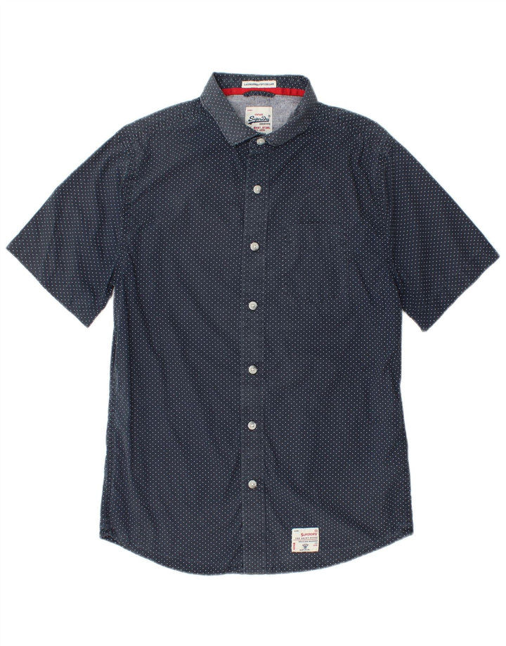 Superdry Mens Short Sleeve Shirt Large Navy Blue Spotted Cotton