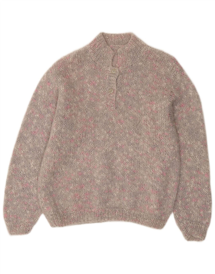 VINTAGE Womens Button Neck Jumper Sweater UK 14 Large Grey Flecked