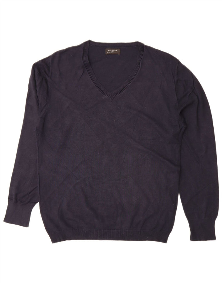Zara Pull Col V Homme Large Bleu Marine Viscose