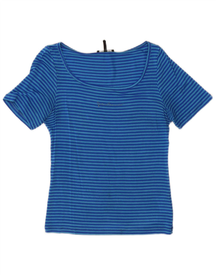 Roccobarocco Womens T-Shirt Top US 8 Medium Blue Striped Acetate