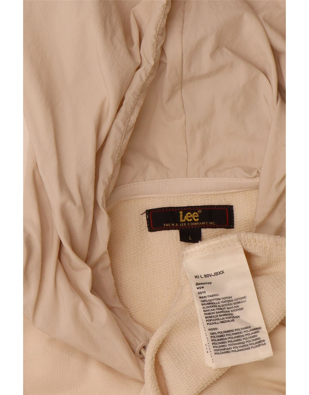 LEE Mens Graphic Hoodie Jumper Large Beige Cotton