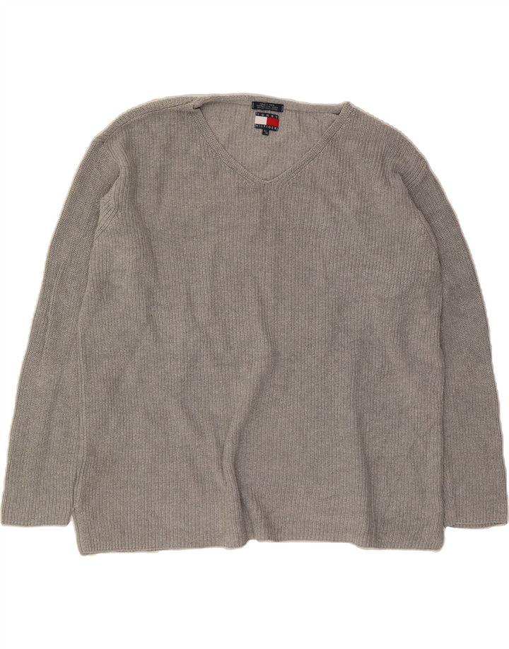 TOMMY HILFIGER Mens V-Neck Jumper Sweater XL Grey Cotton Vintage Tommy Hilfiger and Second-Hand Tommy Hilfiger from Messina Hembry 