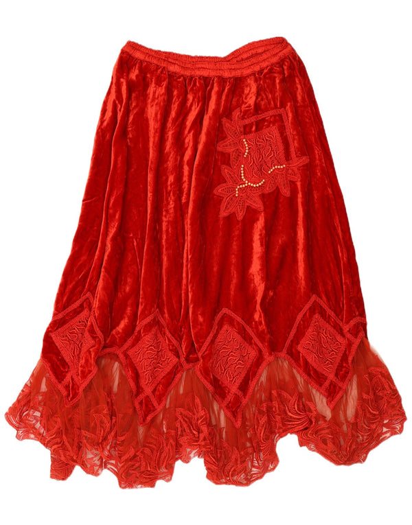 Vintage kvinders fløjl asymmetrisk nederdel W30 Medium Red Floral Viscose