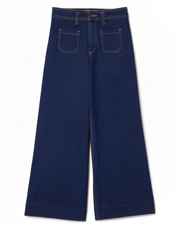 Zara Jeans feminino cintura alta com perna larga UE 38 pequeno W28 L27 algodão azul
