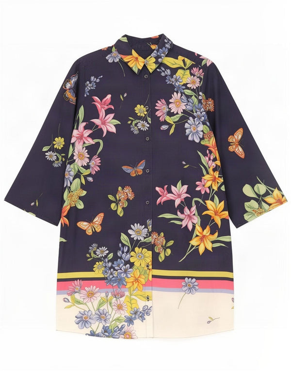 Benetton Womens 3/4-ærmet skjortekjole UK 10 Small Navy Blue Floral