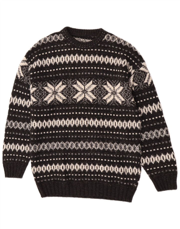 Vintage Mens Crew Neck Jumper Sweater Large Black Fair Isle