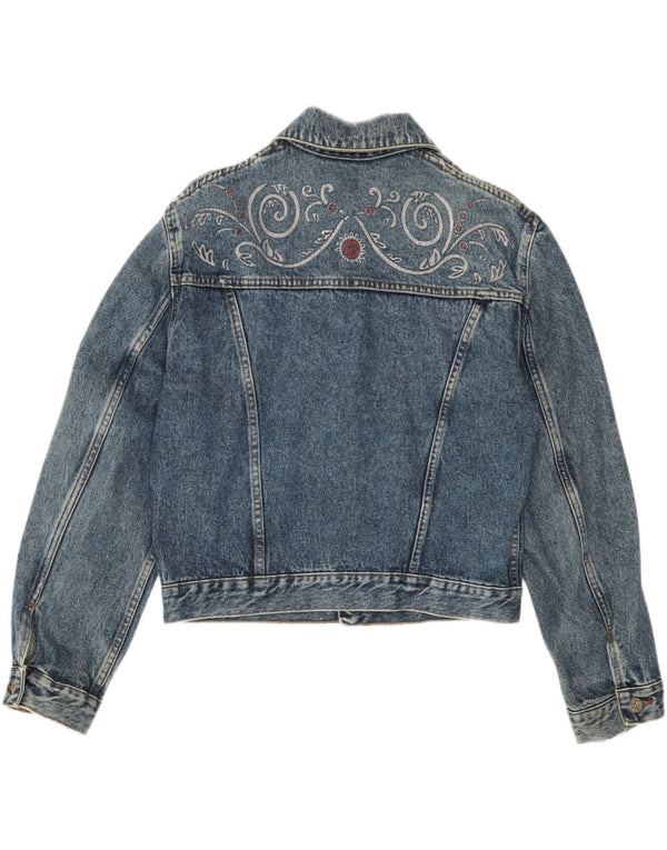 Vintage Womens Crop Denim Jacket UK 14 Large Blue Paisley