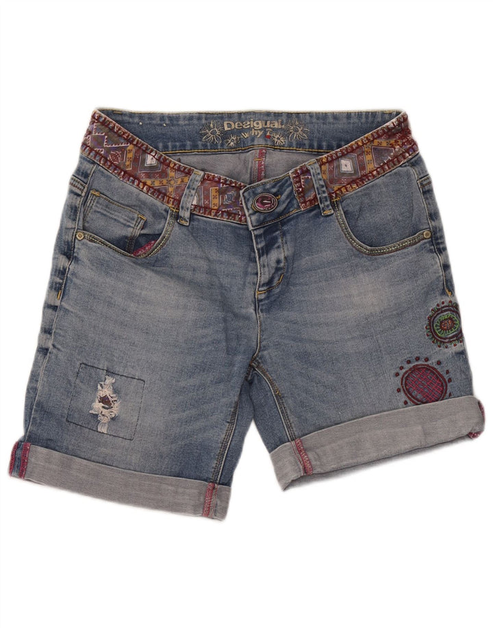 Desigual Womens Distressed Denim Shorts W32 Large Blue Geometric
