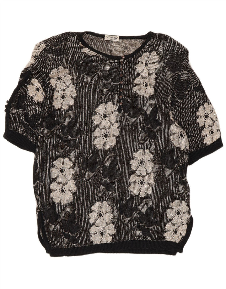 Vintage Womens Button Neck Jumper Sweater UK 14 Medium Black Floral